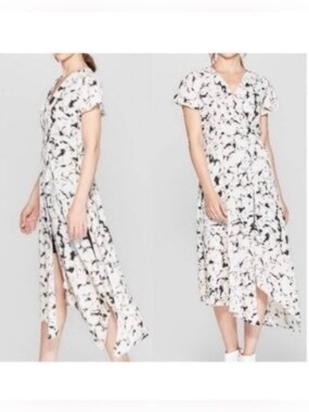 Prologue Womens Floral Wrap Style Dress Black White Abstract Print L